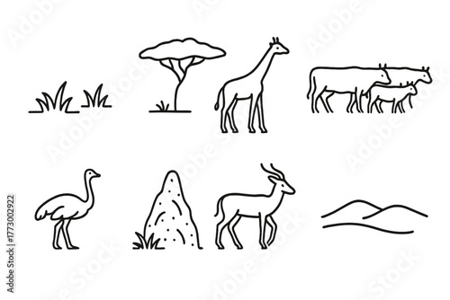 Veld Line Art Icons. Line style icons of Veld: Open Grassland, Acacia Tree, Giraffe, Herd, Ostrich, Termite Mound, Antelope,