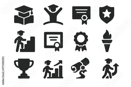 Educational Milestone Icons. Solid style icons of Education milestones: open book with cap, student achievement, academic