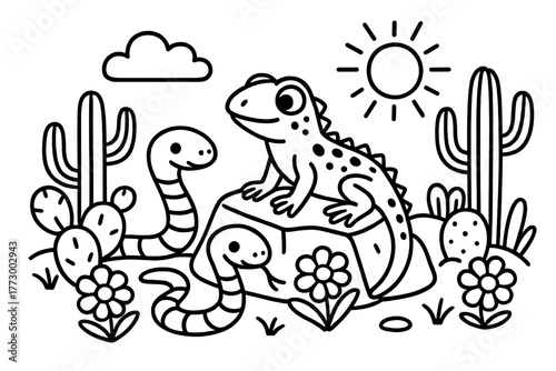 Desert Reptile Scene. Curious lizard resting on a rock with snakes, cacti, and desert flowers blooming, black and white line art,