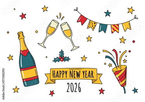 Happy New Year 2026 celebration concept with festive icons