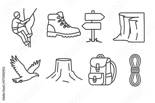 Adventure Plateau Icons. Line style icons of Adventure Plateau: Rock Climbing, Hiking Boots, Trail Sign, Cliff Edge, Soaring Eagle