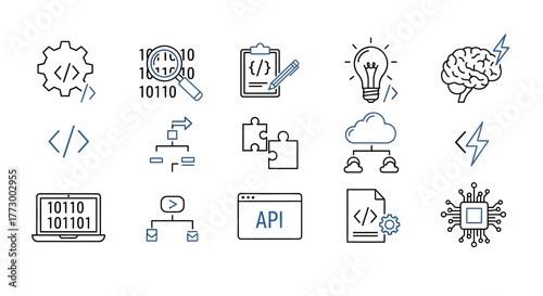 Minimalist line art vector icons for programming, software development, data analysis, and information technology concepts, ideal for web and app design projects