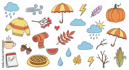 Autumnal Icons Collection Seasonal Weather, Food, and Nature