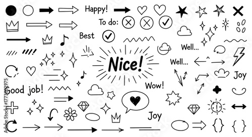 Versatile Hand-Drawn Doodle Graphics Set Arrows, Speech Bubbles, and Decorative Symbols for Creative Projects and Digital Design Enhancements