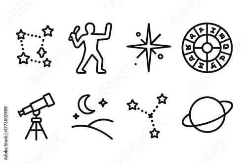 Constellation Line Icons. Line style icons of Constellation: Star Cluster, Figure Outline, Celestial Navigation, Zodiac Wheel,