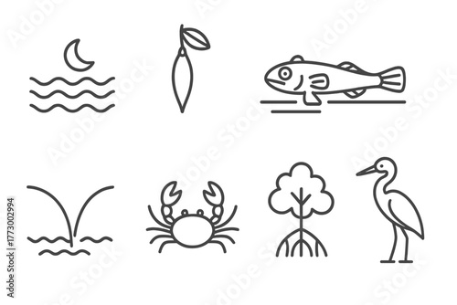 Mangrove Icons Collection. Line style icons of Mangrove Forest: Tide, Seed Pod, Prop Roots, Mudskipper, Estuary, Crustacean,