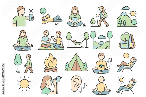 Mindful Outdoor Lifestyle Icons – Digital Detox, Meditation and Nature Recreation Illustration