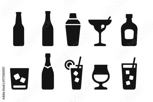 Alcoholic Beverage Icons. Solid style icons of Alcoholic beverages: beer bottle, wine bottle, cocktail shaker, margarita glass,