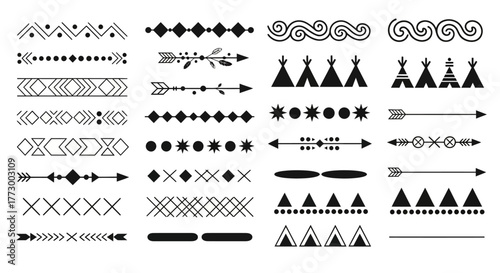 Elegant collection of black and white vector graphic dividers and borders, showcasing geometric, tribal, and arrow patterns for bohemian, ethnic, and decorative design projects