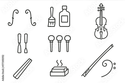 Luthier's Tools Icons. Line style icons of Luthier: Soundhole, Varnish, Violin, Wood Carving Tools, Tuning Pegs, Bow, Fingerboard,