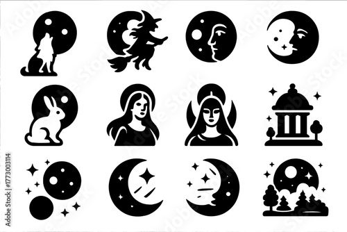 Mythical Moon Icons. Solid style icons of Mythical moon: wolf howling at moon, witch flying with moon, moon face, lunar rabbit,