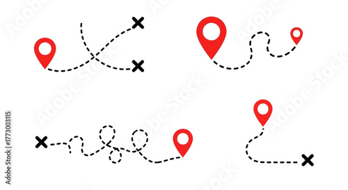 Collection of map pointers and dotted lines showing routes and destinations, ideal for navigation and travel concepts