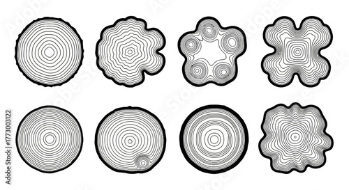 Abstract organic shapes with concentric lines vector set. Stylized forms resembling natural patterns, growth rings, or topographical contours in a modern graphic design element