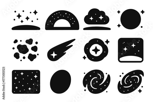 Cosmic Landscapes Icons. Solid style icons of Cosmic Landscapes: starry sky, galactic arc, nebula horizon, planet silhouette,