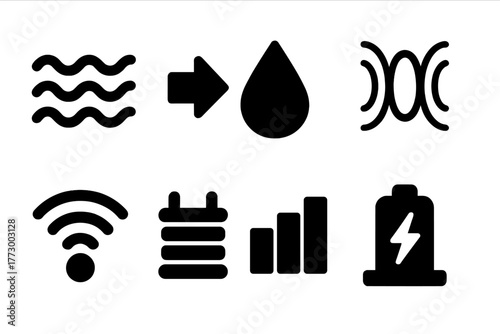 Energy Transfer Icons. Solid style icons of energy transfer: waves, arrow, droplet, field lines, wireless signal, coil, bar chart,
