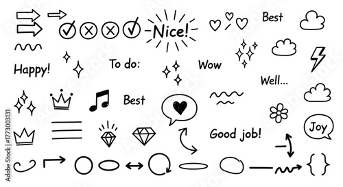 A collection of hand-drawn doodle elements featuring arrows, checkmarks, hearts, and sparkles. An ultra graphic vector set for annotation and design