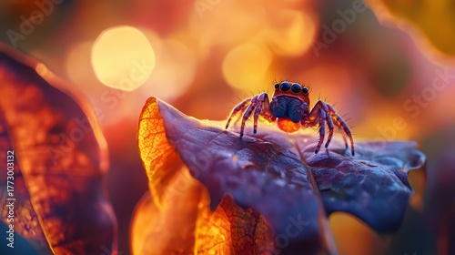 Small jumping spider on purple and orange leaf arachnid Photo