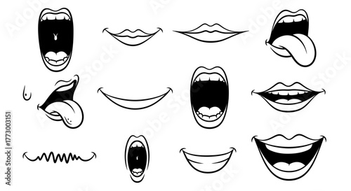 Collection of Cartoon Mouths and Lips Expressive Emotions in Black and White