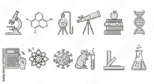 Science and education icon set in a minimalist line art style. Vector collection includes symbols for chemistry, biology, physics, and astronomy