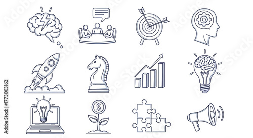 A versatile graphic collection of hand-sketched business icons symbolizing growth, marketing, and strategic thinking concepts