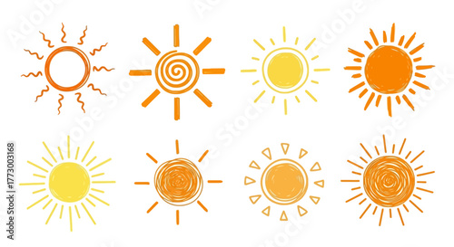 Eight diverse hand-drawn sun icons, unique styles classic rays, spirals, doodles in yellow-orange, ideal for cheerful summer graphic design