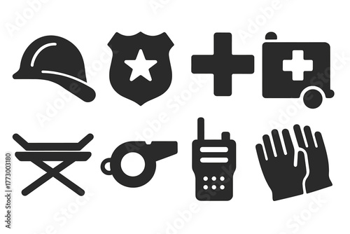 First Responder Icons. Solid style icons of first responders: firefighter helmet, police badge, medic cross, ambulance, stretcher,