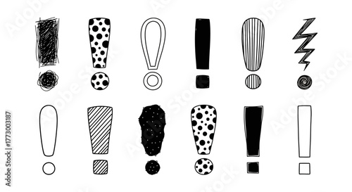 Collection of hand-drawn exclamation marks in various patterns and styles