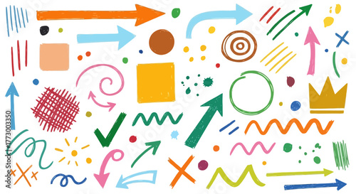 A vibrant collection of hand-drawn graphic elements, including arrows, shapes, and scribbles, perfect for adding a playful touch to designs