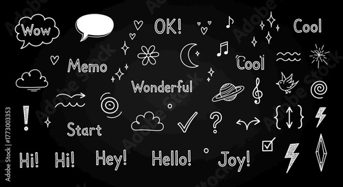 Versatile hand-drawn doodle elements set with expressive speech bubbles, arrows, celestial shapes, and positive text in white on a dark backdrop, ideal for creative graphic design