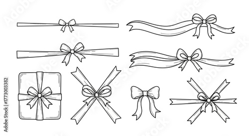A charming collection of hand-drawn outline bows, decorative ribbons, and elegant gift box elements, perfect for festive occasions, celebration designs, and sophisticated packaging accents