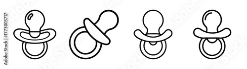 Pacifier vector outline drawing set for baby soother nipple dummy or binky isolated on white background