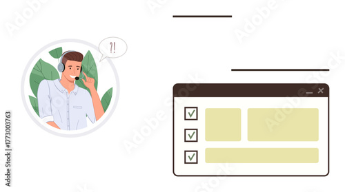 Support representative using a headset for client assistance alongside a checklist interface. Ideal for customer service, productivity, task management, communication, teamwork, software, seamless