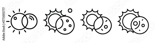 Solar eclipse phases vector illustration: sun, moon, astronomy, science, and celestial event stages