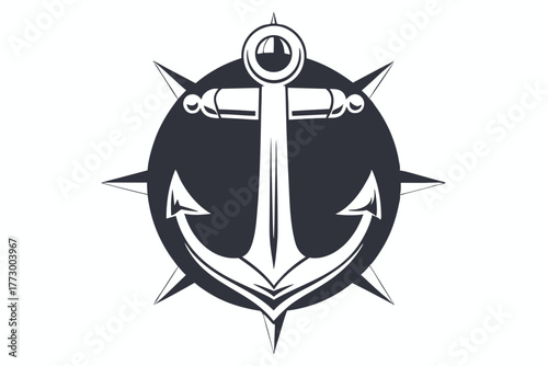 Anchor with compass star points features solid dark fill, creating a nautical themed graphic