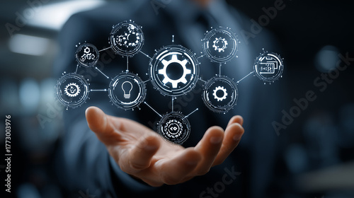 Executivo apresenta rede de automação DevOps, simbolizando integração contínua, otimização de processos tecnológicos e empresariais, maior eficiência, inovação e colaboração