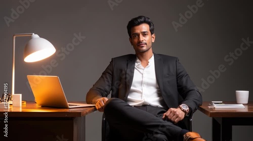 Serious Cinematic Portrait of a Young Indian Businessman in a Suit generative ai