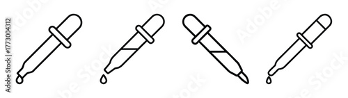 Stock vector illustration of laboratory dropper pipettes with liquid drops in black outline