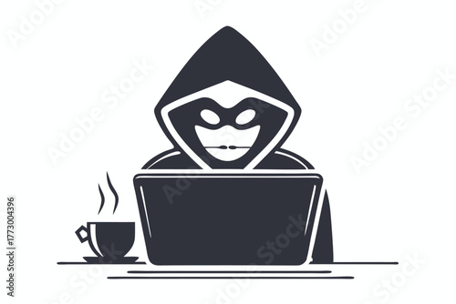 Anonymous hooded figure coding on computer with coffee cup sitting on the table