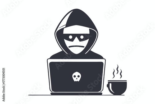 Anonymous hooded figure hacks with laptop and hot coffee nearby on the desk