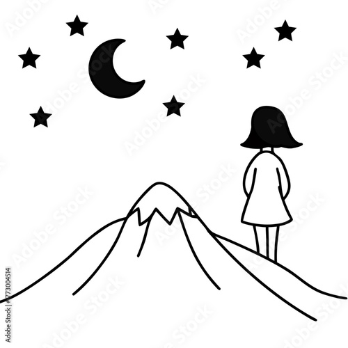 Girl watching moon and stars from mountain silhouette isolated on white background