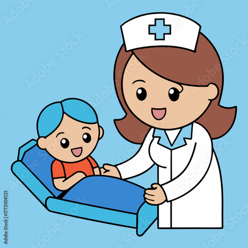 Cartoon nurse caring for a young patient in a hospital bed silhouette isolated on white background
