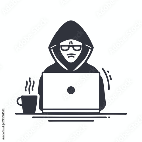 Anonymous hooded figure with glasses types on a laptop next to steaming coffee