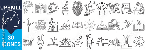 A grid of 30 hand-drawn icons in a simple, minimalist silhouette style, representing concepts related to upskilling and professional development.