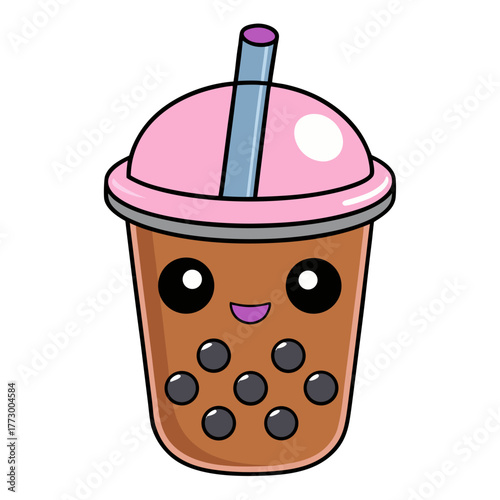 Cute kawaii boba tea drink silhouette with pink lid and blue straw isolated on white background