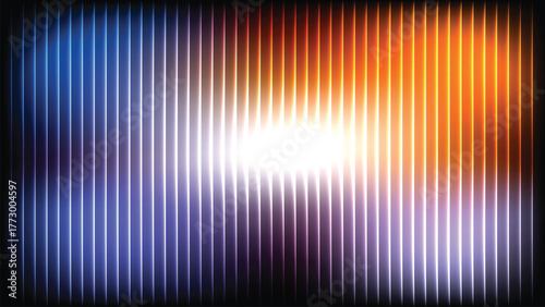 Glass ripple texture with dark gradient background and vivid orange, blue, and lilac light streaks. Futuristic distortion, moody abstract glow, reeded vertical blur. Vector illustration EPS