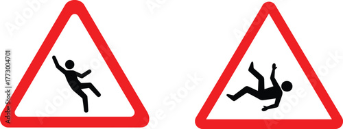 Two triangular warning signs depicting a person slipping and falling on a wet or slippery surface