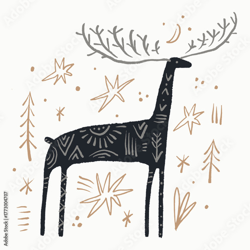 Boho tribal celestial ornate moose character vector hand drawn illustration. Modern folk patterned Norwegian woodland fauna with horns north animal in Scandinavian style. Floral Slovak ornamental