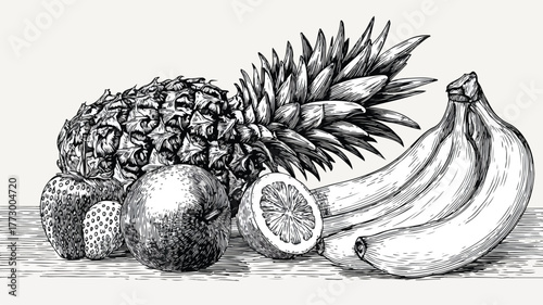 Vibrant Vector Drawing of Pineapple, Banana, and Various Fruits
