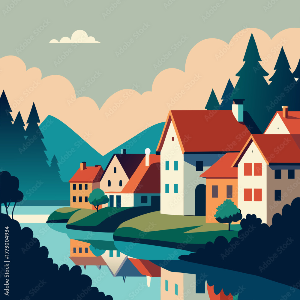 Naklejka premium Charming european village nestled beside a tranquil lake with reflections
