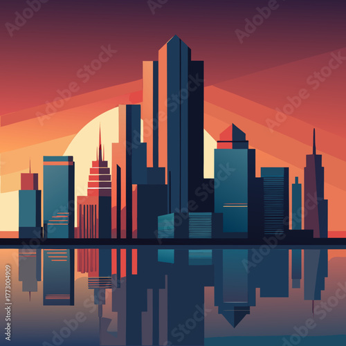 Geometric cityscape at sunset with vibrant orange sky and water reflection